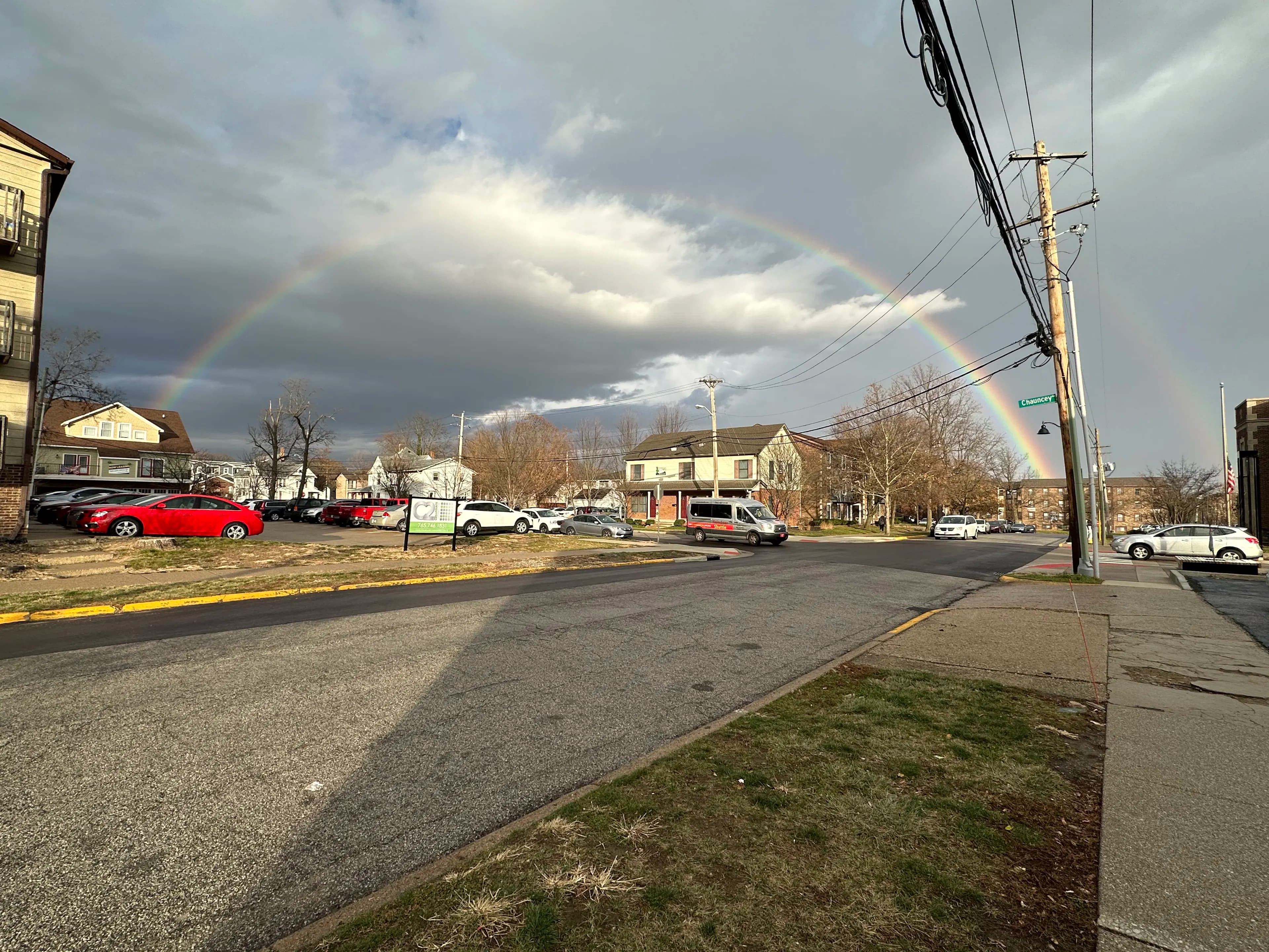 A picture of a double rainbow outside on Purdue's campus